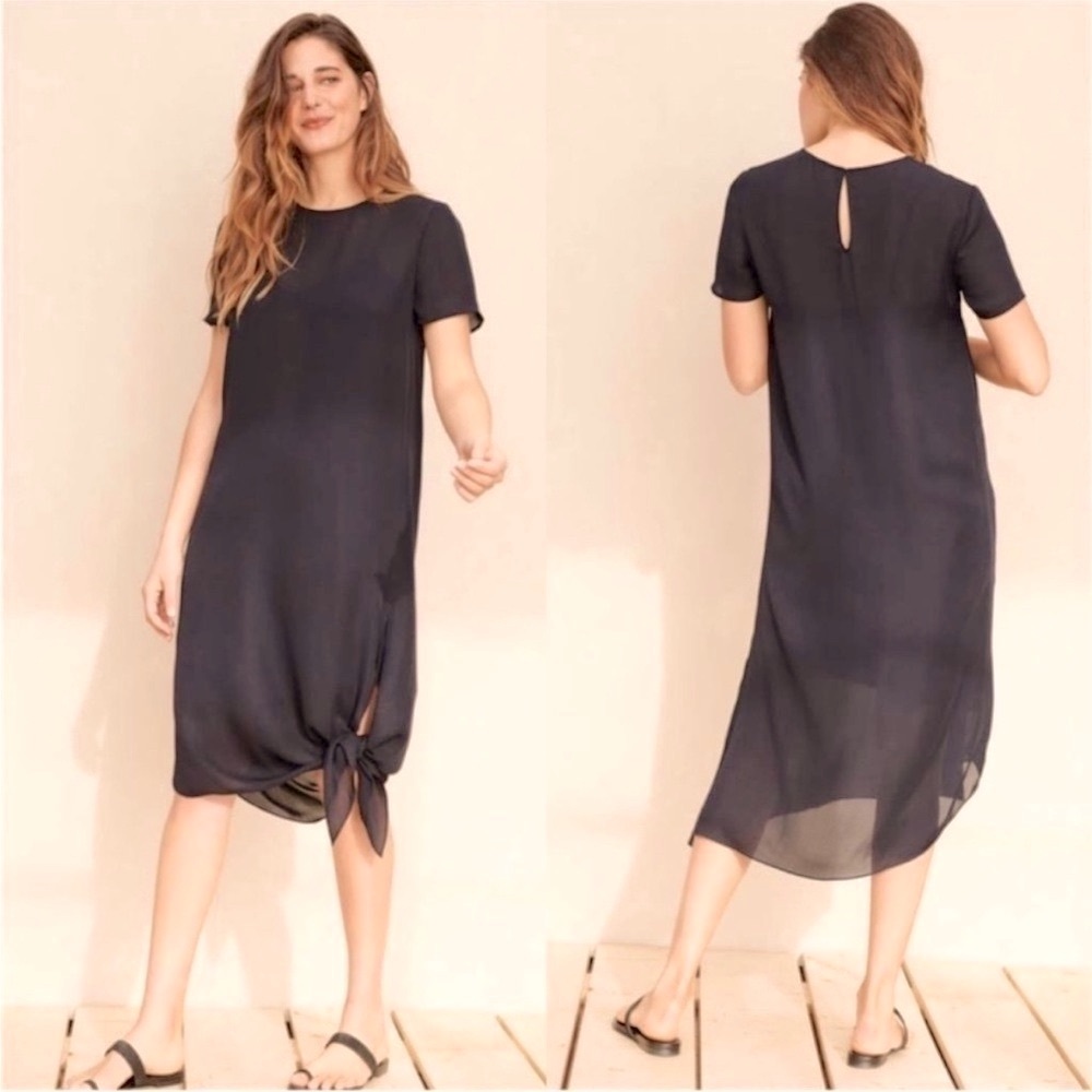 Jenni Kayne Silk Tie Midi Minimalist Crew Neck Short Sleeve Dress - Navy  XS